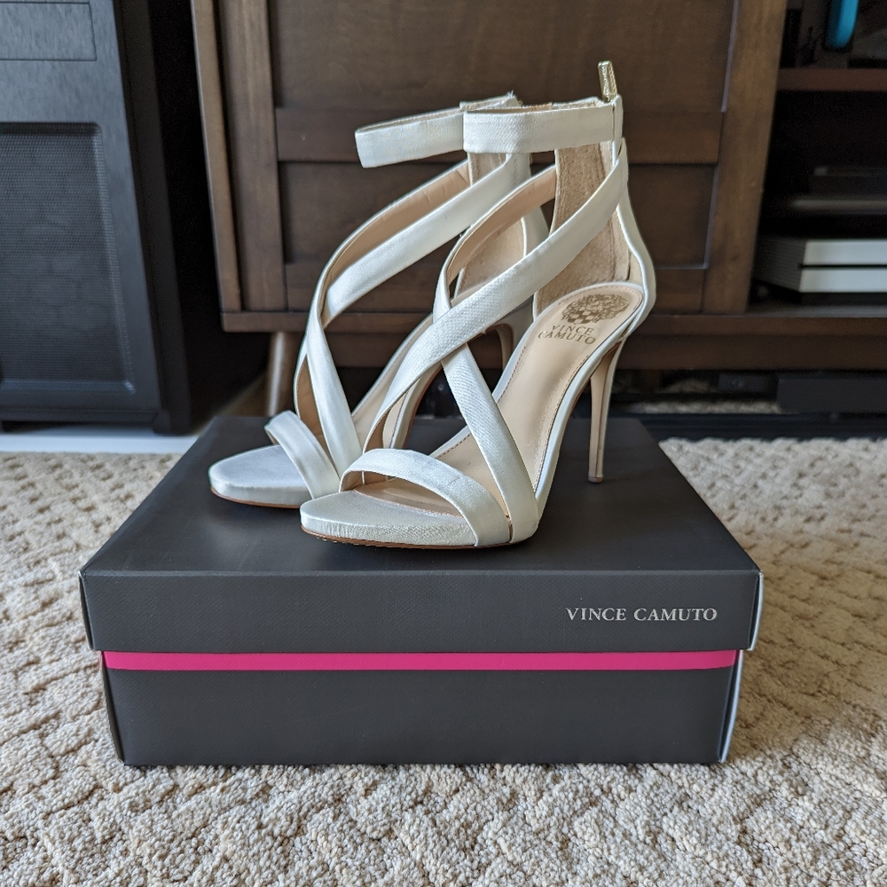 Vince Camuto Devinhara Ankle Strap Sandal High Heels, Milk Satin, 7